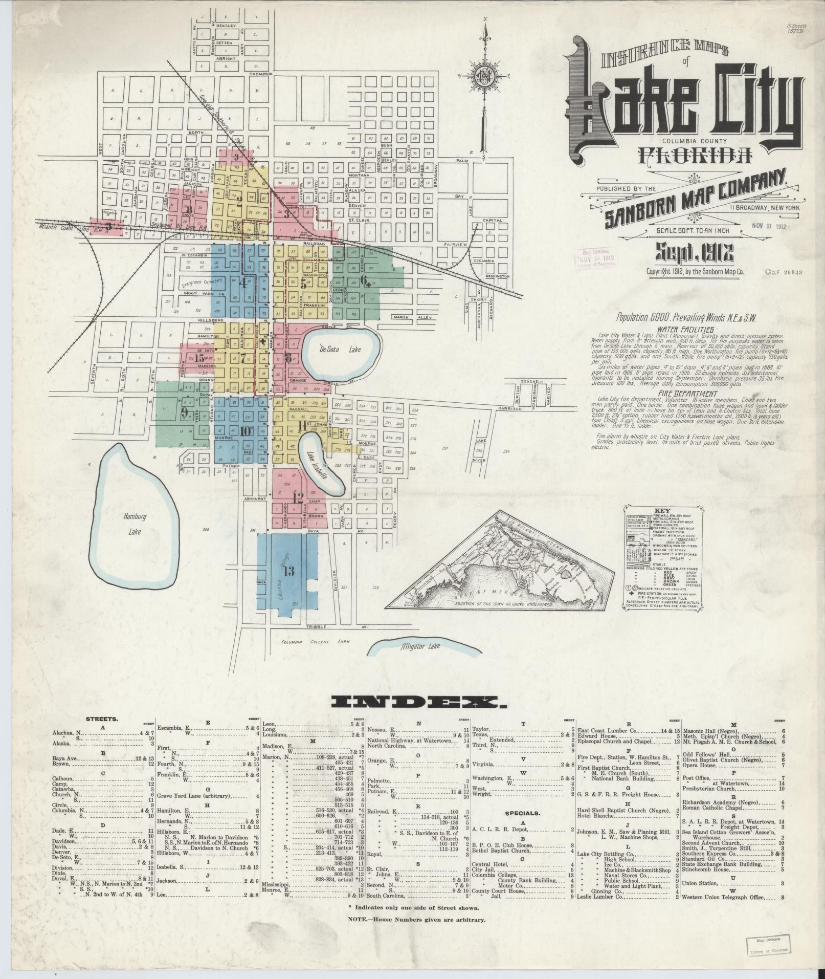 Sanborn Fire Insurance Map from Lake City, Columbia County, Florida (1912), Sheet #0001 - Historic Sanborn Fire Insurance Map Print, vintage old map wall art, antique decor, genealogy gift, Florida Florida map