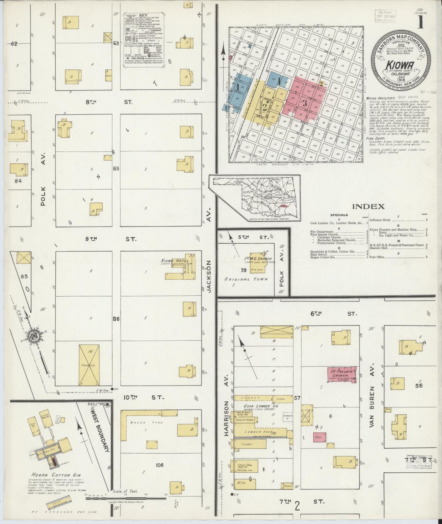 Sanborn Fire Insurance Map from Kiowa, Pittsburg County, Oklahoma (1918), Sheet #0001 - Complete Map Set gallery image, historic Sanborn map, vintage wall art, Oklahoma Oklahoma