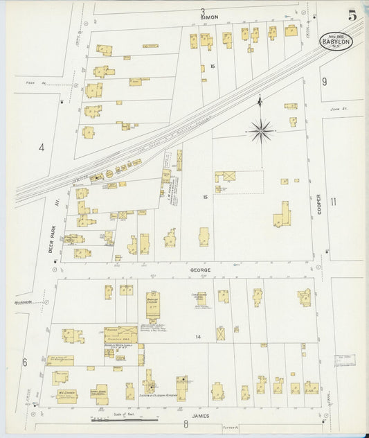 Sanborn Fire Insurance Map from Babylon, Suffolk County, New York (1908), Sheet #0005 - Historic Sanborn Fire Insurance Map Print, vintage old map wall art, antique decor, genealogy gift, New York New York map