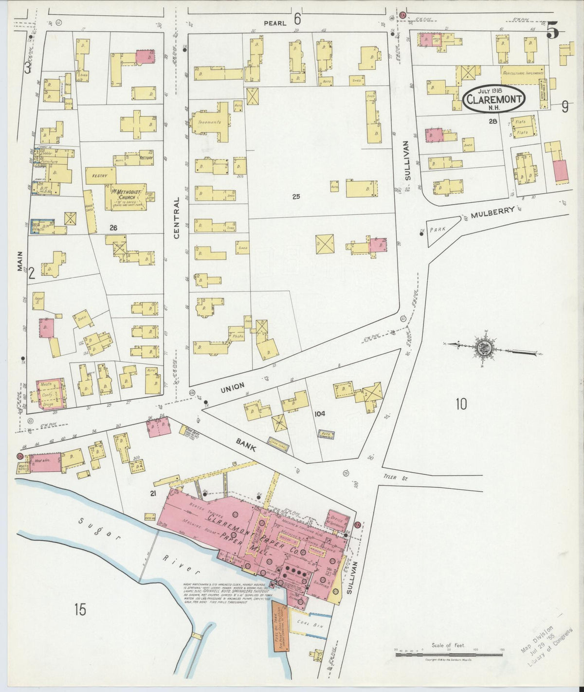 Sanborn Fire Insurance Map from Claremont, Sullivan County, New Hampshire (1918), Sheet #0005 - Historic Sanborn Fire Insurance Map Print, vintage old map wall art, antique decor, genealogy gift, New Hampshire New Hampshire map