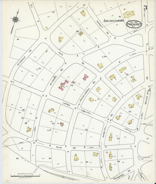 Sanborn Fire Insurance Map from Pinehurst, Moore County, North Carolina (1920), Sheet #0003 - Historic Sanborn Fire Insurance Map Print, vintage old map wall art, antique decor, genealogy gift, North Carolina North Carolina map