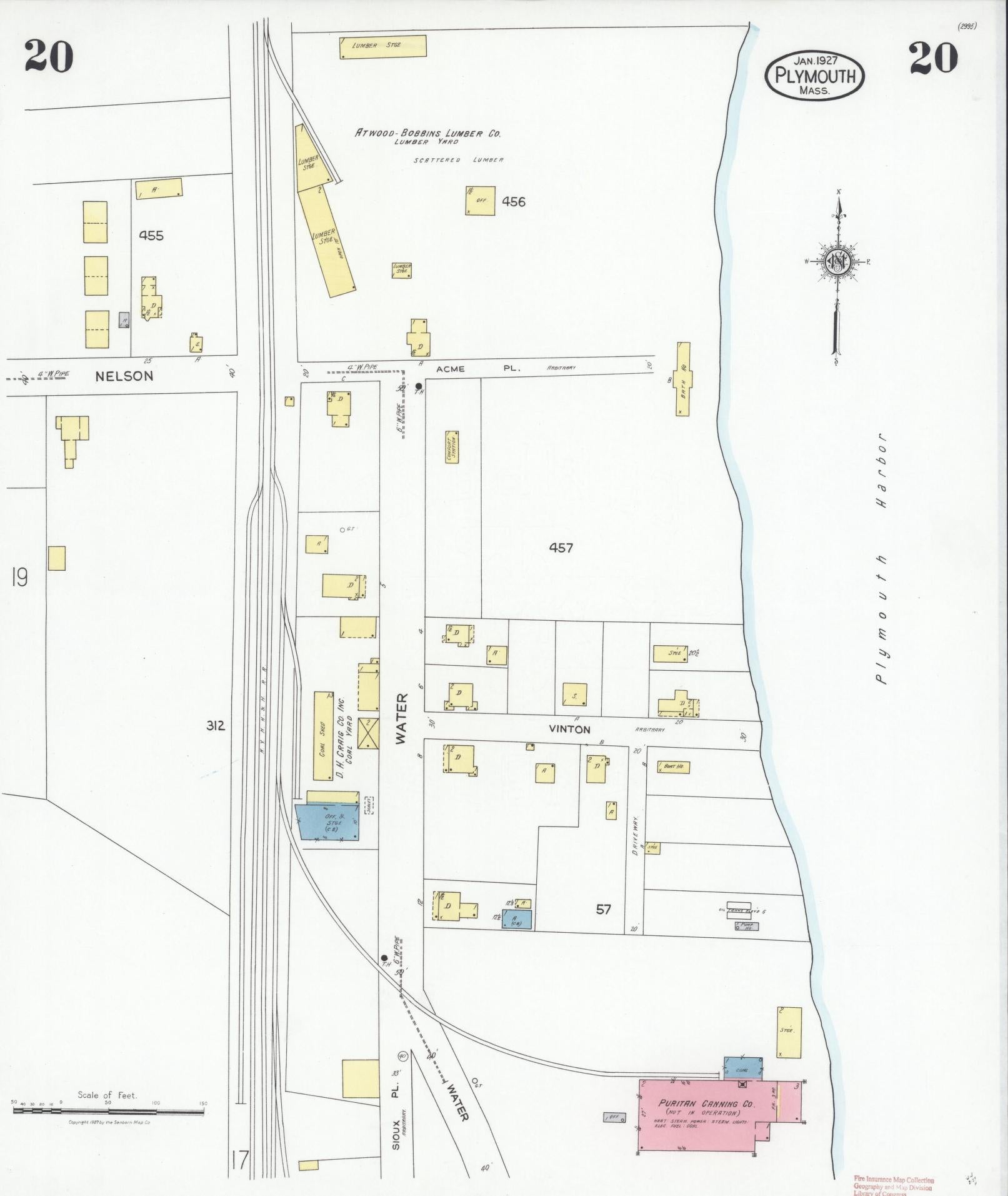 Sanborn Fire Insurance Map from Plymouth, Plymouth County, Massachusetts (1927), Sheet #0020 - Historic Sanborn Fire Insurance Map Print, vintage old map wall art, antique decor, genealogy gift, Massachusetts Massachusetts map