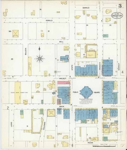 Sanborn Fire Insurance Map from Decatur, Wise County, Texas (1907), Sheet #0003 - Historic Sanborn Fire Insurance Map Print, vintage old map wall art, antique decor, genealogy gift, Texas Texas map
