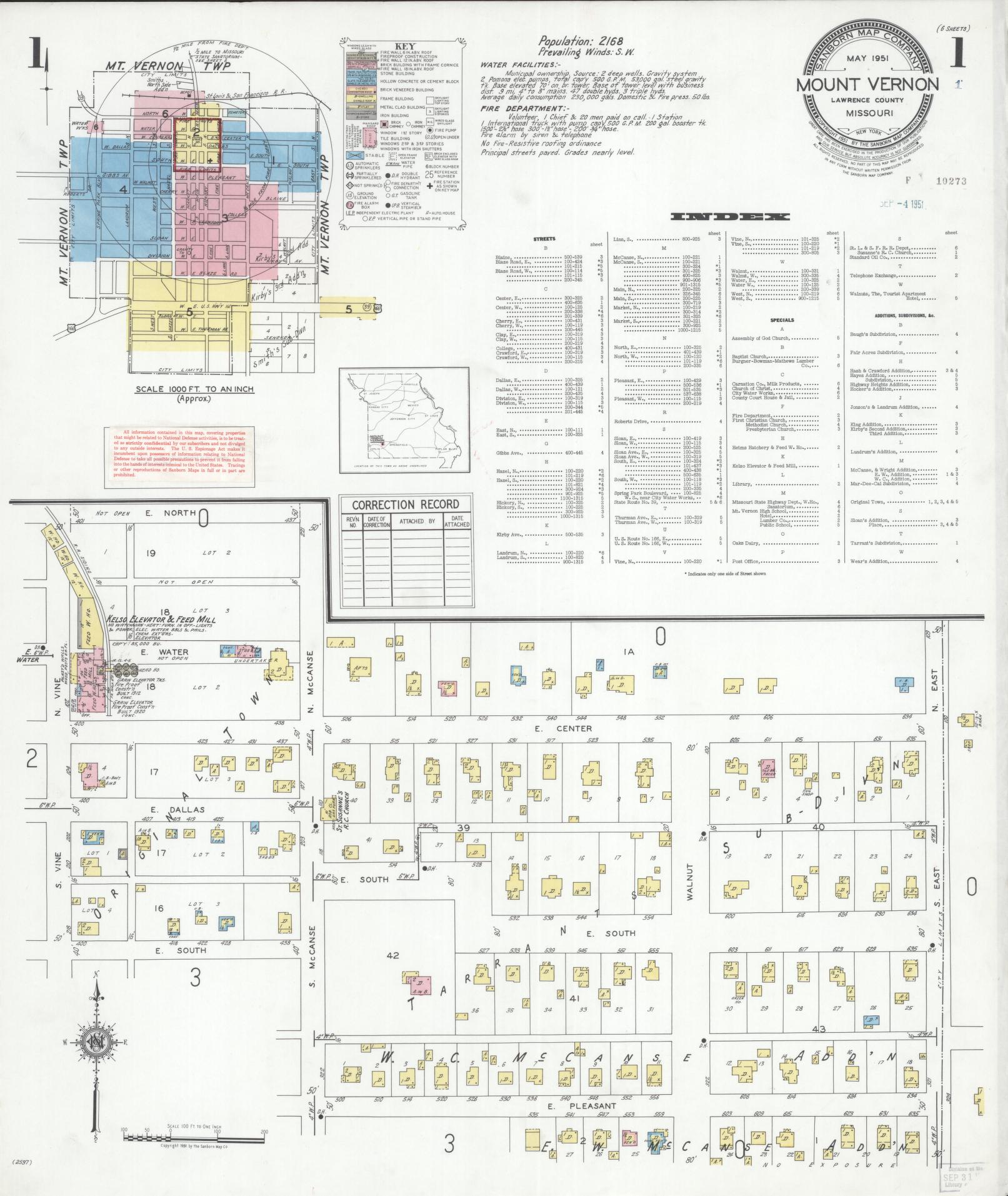 Sanborn Fire Insurance Map from Mount Vernon, Lawrence County, Missouri (1951), Sheet #0001 - Complete Map Set gallery image, historic Sanborn map, vintage wall art, Missouri Missouri