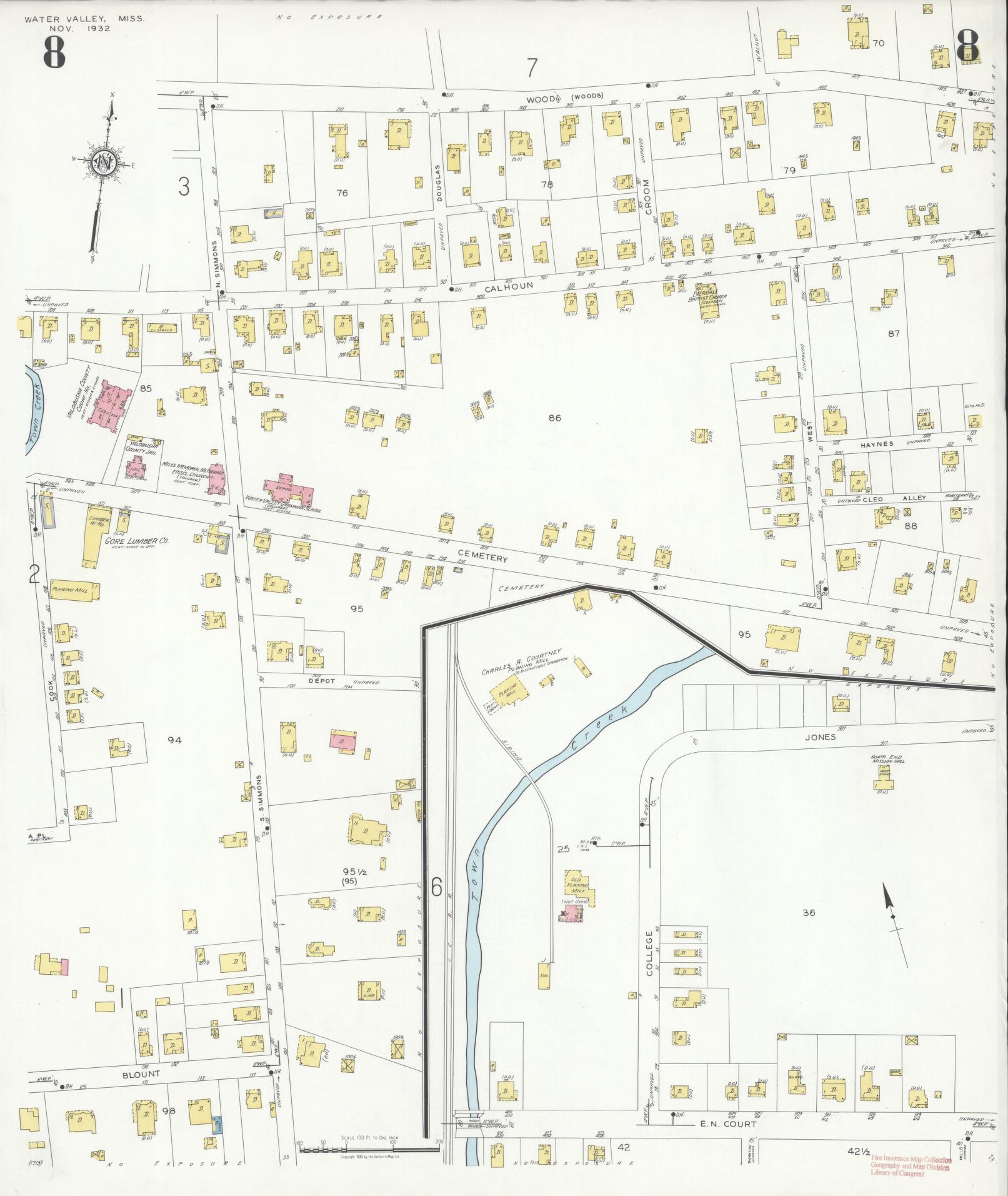 Sanborn Fire Insurance Map from Water Valley, Yalobusha County, Mississippi (1932), Sheet #0008 - Complete Map Set gallery image, historic Sanborn map, vintage wall art, Mississippi Mississippi
