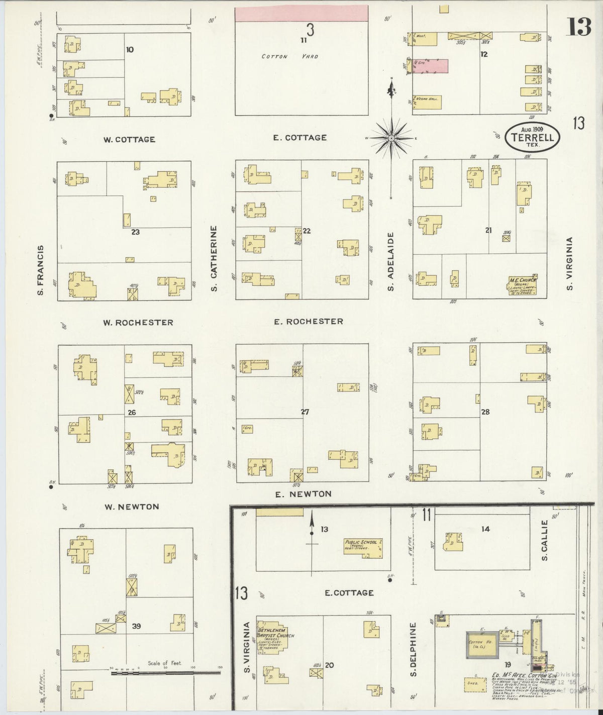 Sanborn Fire Insurance Map from Terrell, Kaufman County, Texas (1909), Sheet #0013 - Complete Map Set gallery image, historic Sanborn map, vintage wall art, Texas Texas