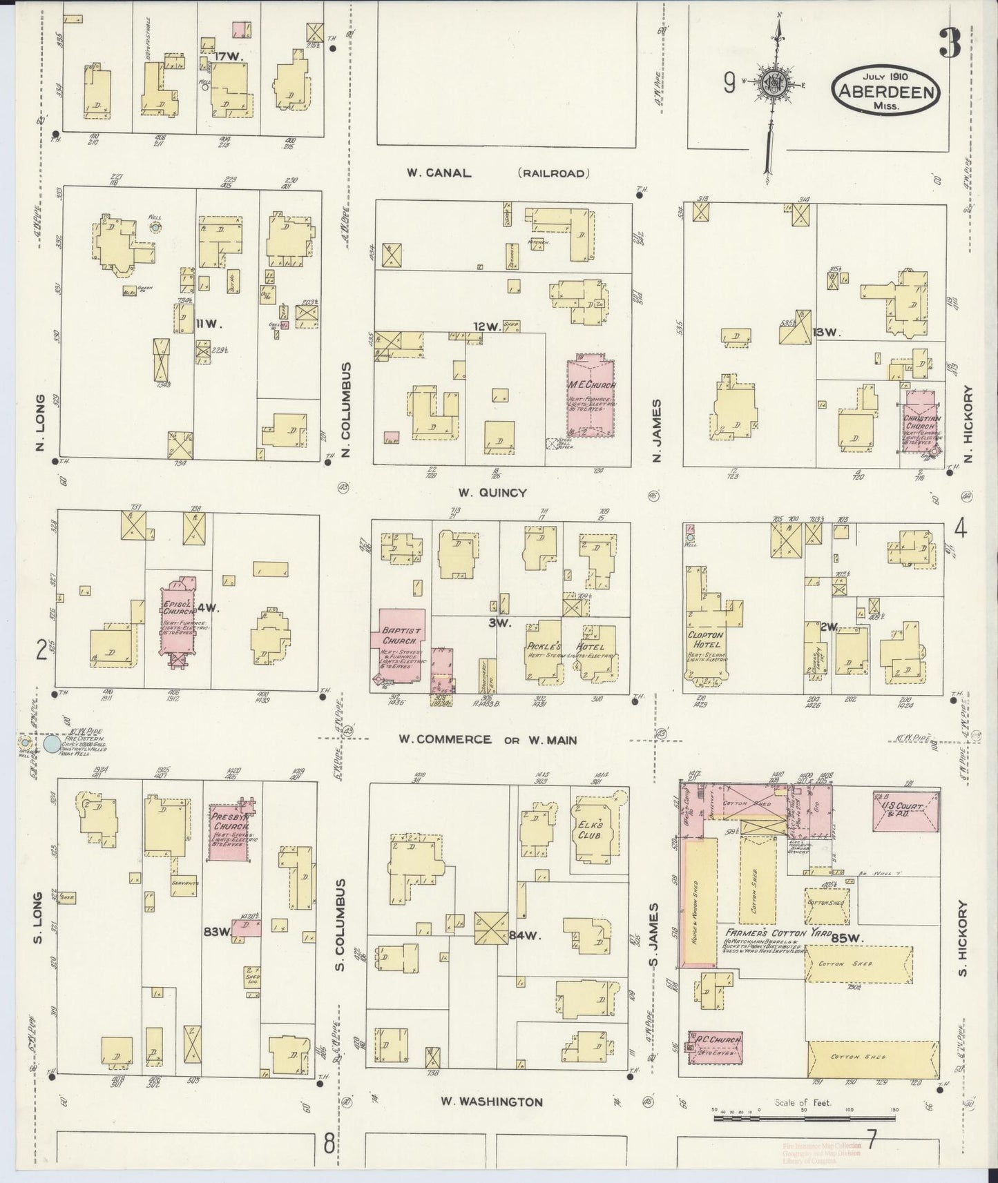 Sanborn Fire Insurance Map from Aberdeen, Monroe County, Mississippi (1910), Sheet #0003 - Complete Map Set gallery image, historic Sanborn map, vintage wall art, Mississippi Mississippi