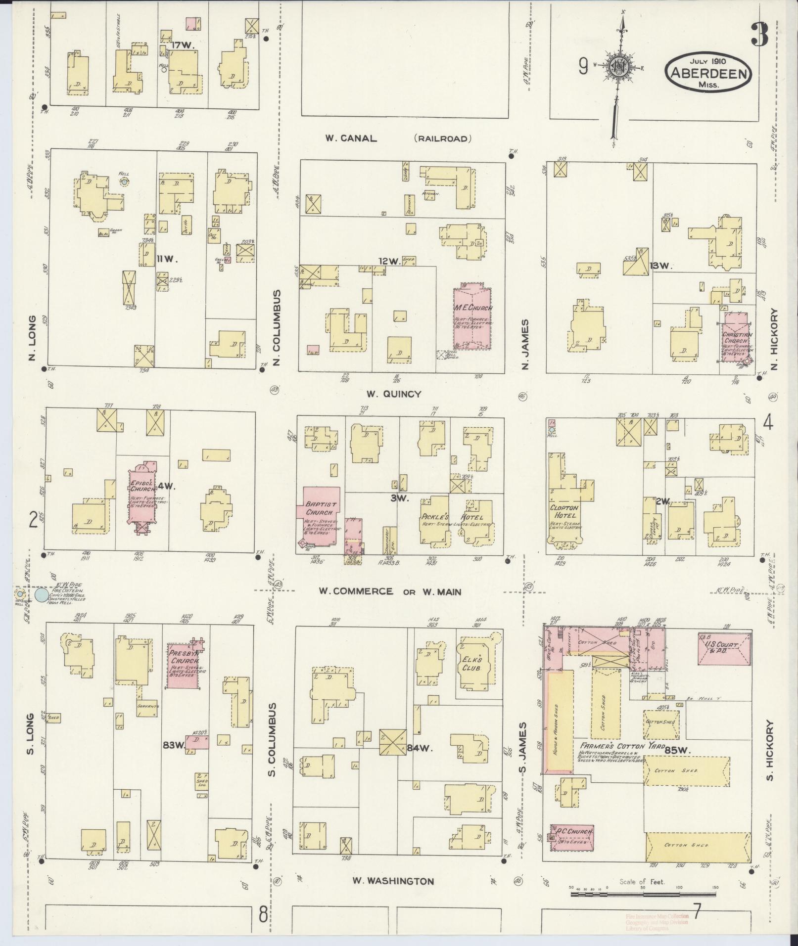 Sanborn Fire Insurance Map from Aberdeen, Monroe County, Mississippi (1910), Sheet #0003 - Complete Map Set gallery image, historic Sanborn map, vintage wall art, Mississippi Mississippi