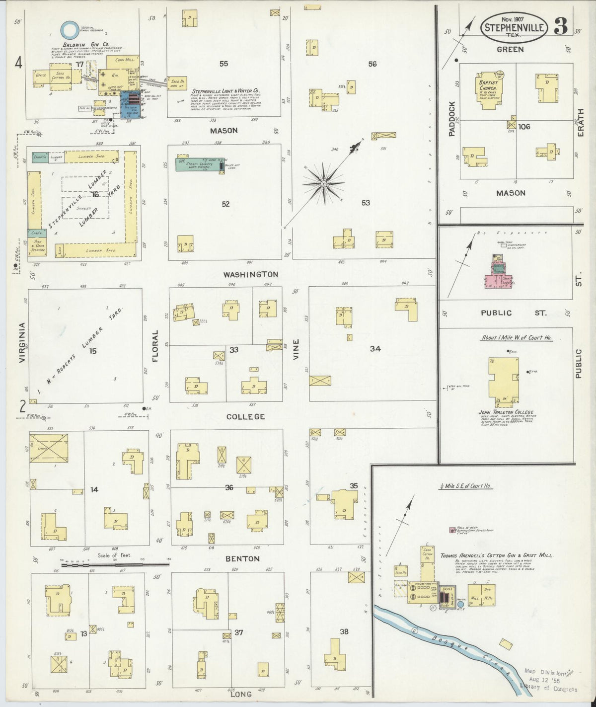 Sanborn Fire Insurance Map from Stephenville, Erath County, Texas (1907), Sheet #0003 - Complete Map Set gallery image, historic Sanborn map, vintage wall art, Texas Texas