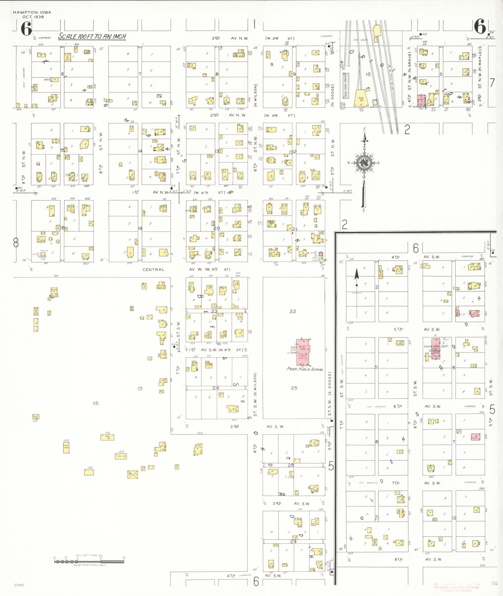 Sanborn Fire Insurance Map from Hampton, Franklin County, Iowa (1938), Sheet #0006 - Historic Sanborn Fire Insurance Map Print, vintage old map wall art