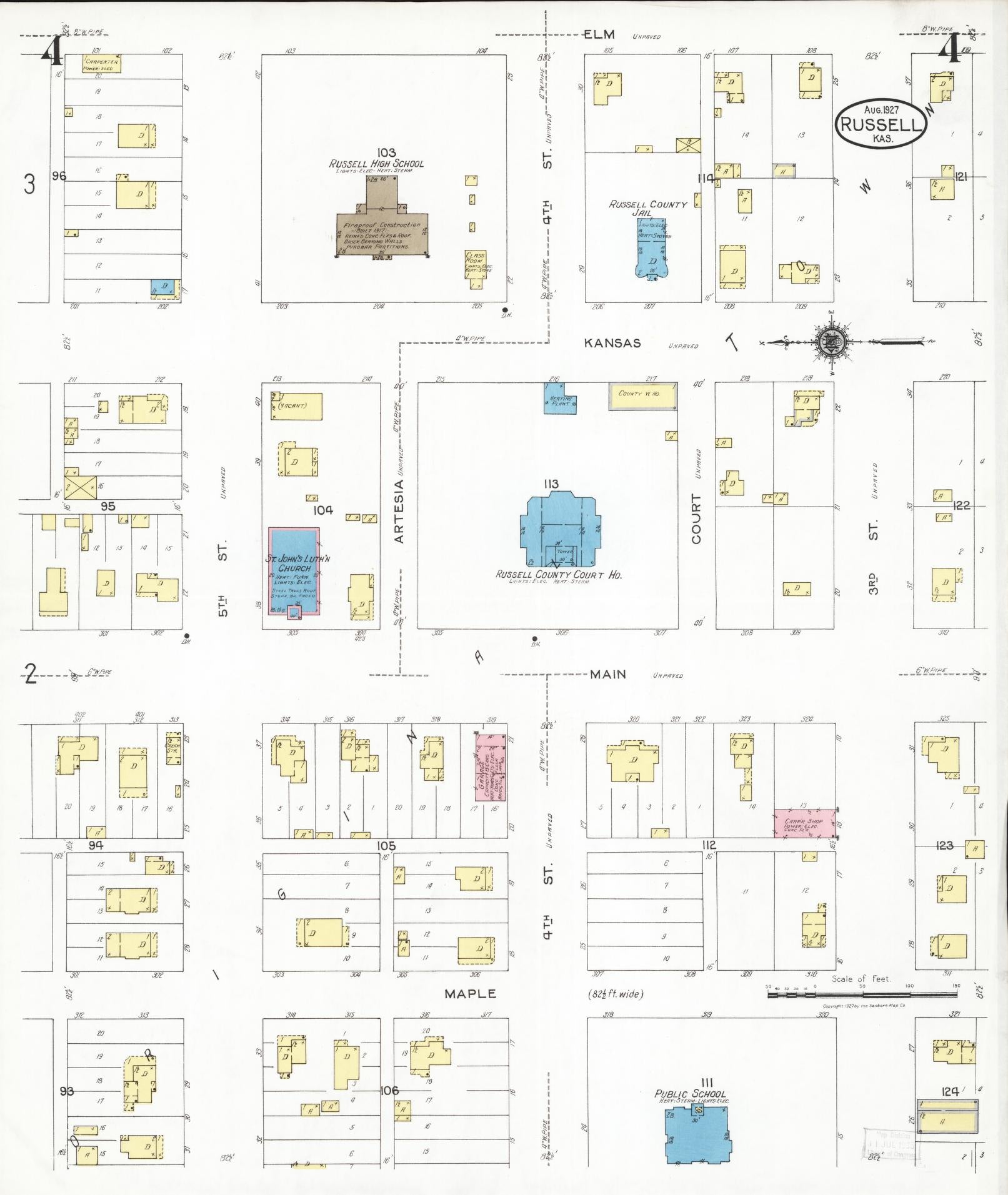 Sanborn Fire Insurance Map from Russell, Russell County, Kansas (1927), Sheet #0004 - Historic Sanborn Fire Insurance Map Print, vintage old map wall art, antique decor, genealogy gift, Kansas Kansas map