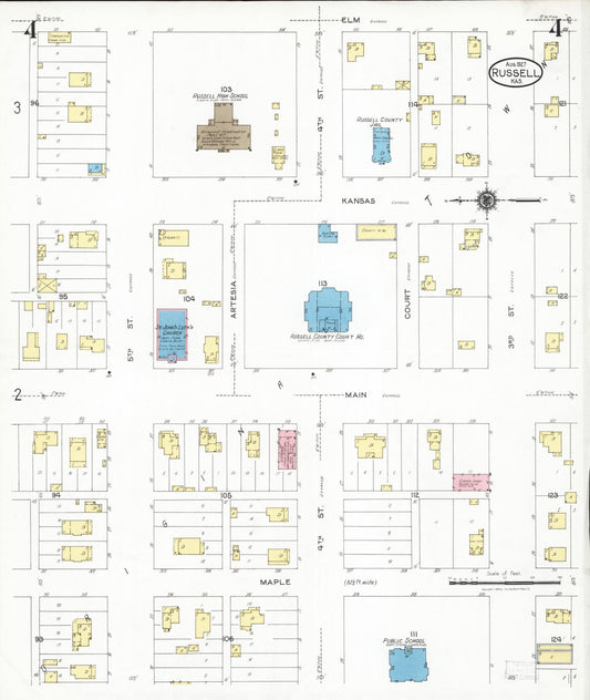 Sanborn Fire Insurance Map from Russell, Russell County, Kansas (1927), Sheet #0004 - Historic Sanborn Fire Insurance Map Print, vintage old map wall art, antique decor, genealogy gift, Kansas Kansas map