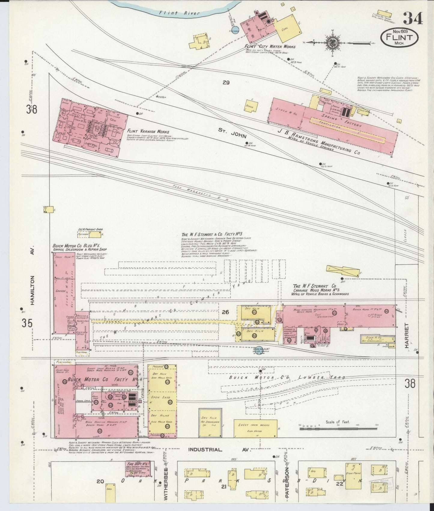 Sanborn Fire Insurance Map from Flint, Genesee County, Michigan (1909), Sheet #0034 - Complete Map Set gallery image, historic Sanborn map, vintage wall art, Michigan Michigan