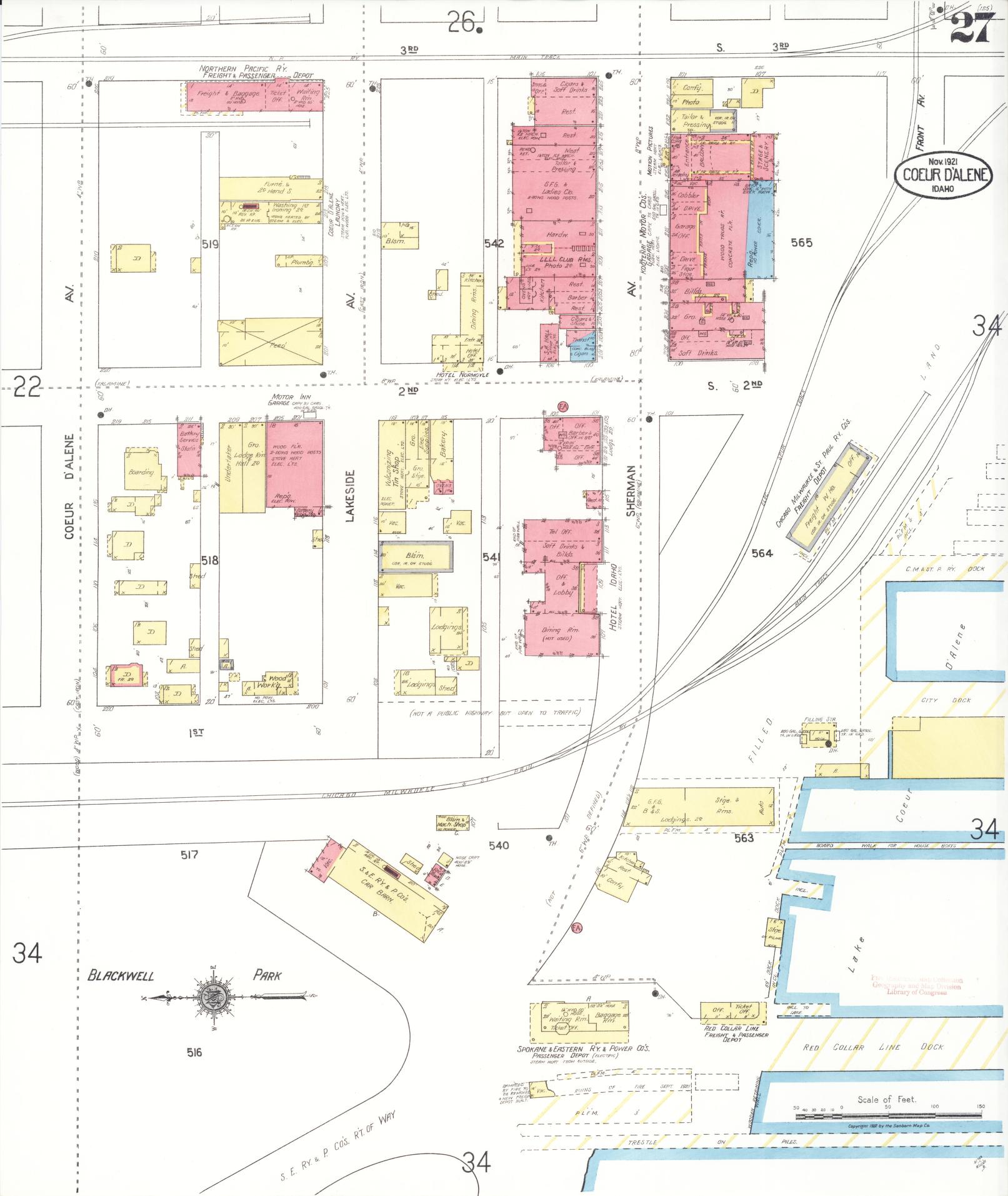 Sanborn Fire Insurance Map from Coeur D'alene, Kootenai County, Idaho (1921), Sheet #0027 - Complete Map Set gallery image, historic Sanborn map, vintage wall art, Idaho Idaho