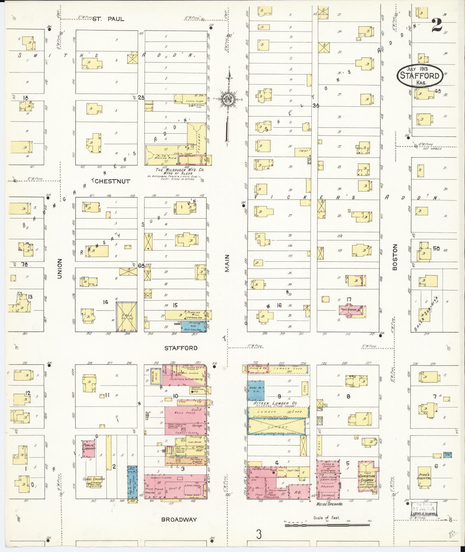 Sanborn Fire Insurance Map from Stafford, Stafford County, Kansas (1913), Sheet #0002 - Historic Sanborn Fire Insurance Map Print, vintage old map wall art, antique decor, genealogy gift, Kansas Kansas map