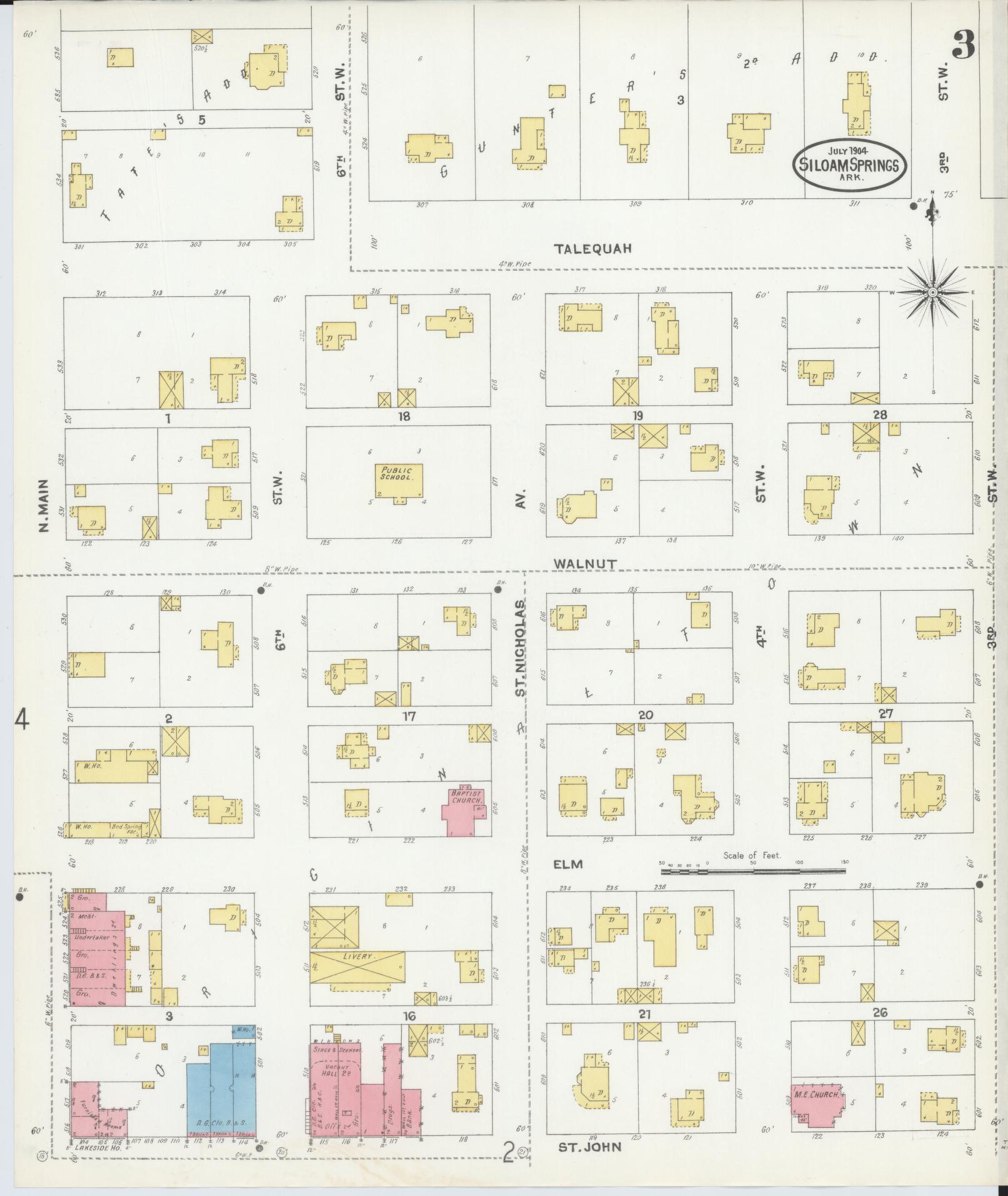 Sanborn Fire Insurance Map from Siloam Springs, Benton County, Arkansas (1904), Sheet #0003 - Historic Sanborn Fire Insurance Map Print, vintage old map wall art, antique decor, genealogy gift, Arkansas Arkansas map