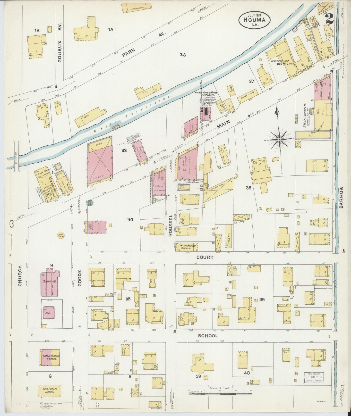 Sanborn Fire Insurance Map from Houma, Terrebonne Parish, Louisiana (1907), Sheet #0002 - Complete Map Set gallery image, historic Sanborn map, vintage wall art, Louisiana Louisiana