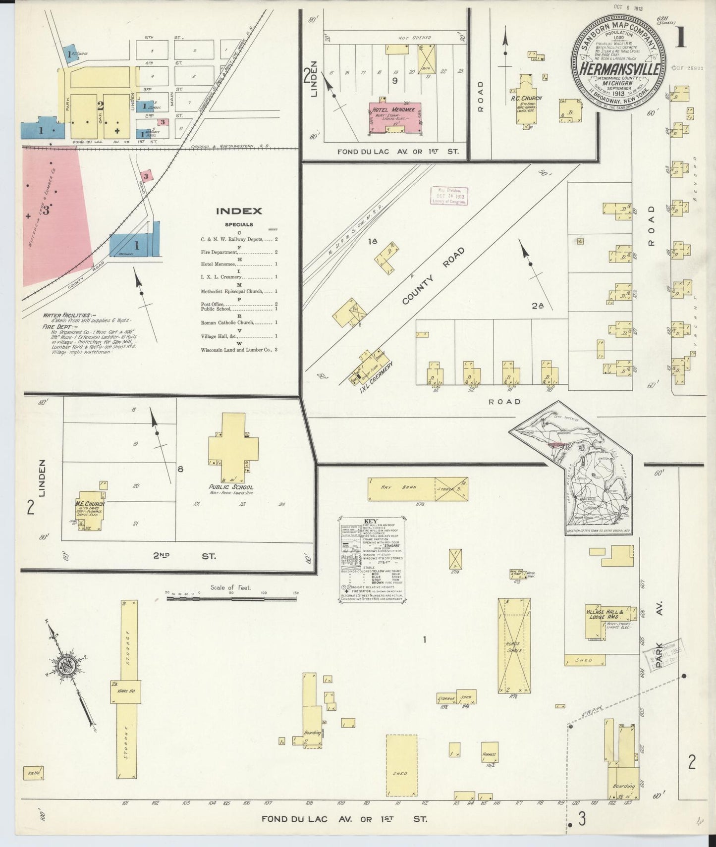 Sanborn Fire Insurance Map from Hermansville, Menominee County, Michigan (1913), Sheet #0001 - Historic Sanborn Fire Insurance Map Print, vintage old map wall art, antique decor, genealogy gift, Michigan Michigan map