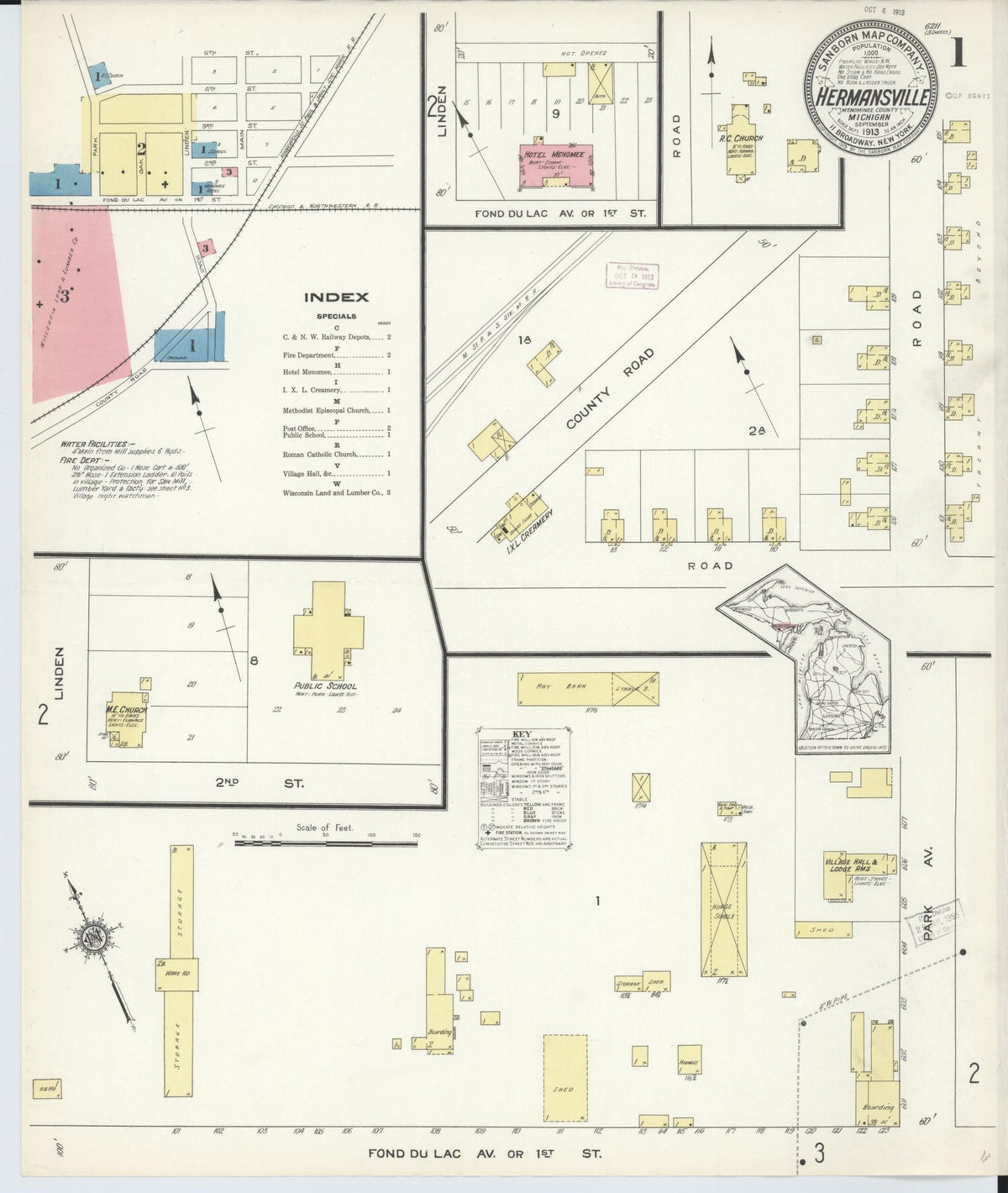 Sanborn Fire Insurance Map from Hermansville, Menominee County, Michigan (1913), Sheet #0001 - Historic Sanborn Fire Insurance Map Print, vintage old map wall art, antique decor, genealogy gift, Michigan Michigan map