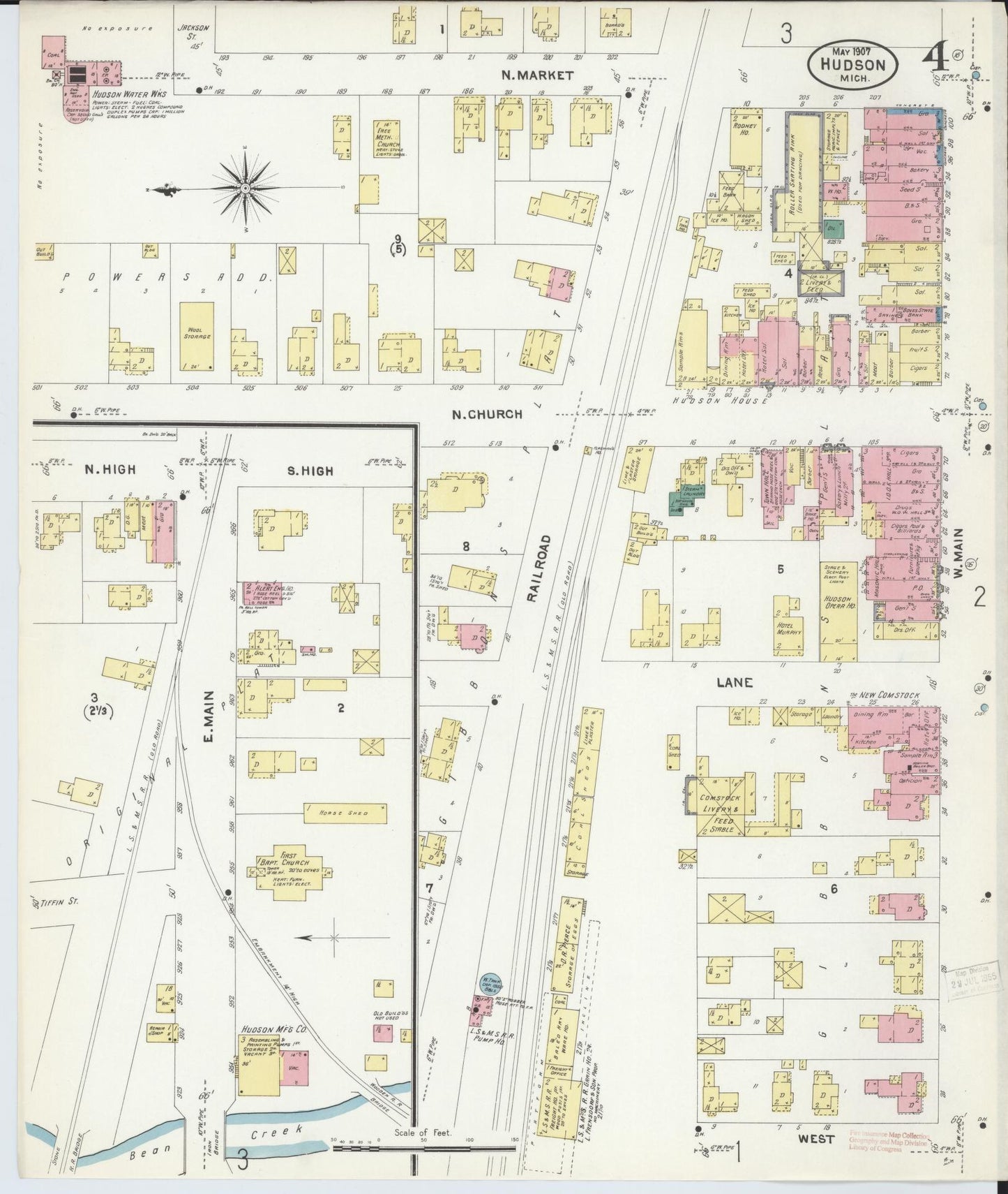Sanborn Fire Insurance Map from Hudson, Lenawee County, Michigan (1907), Sheet #0004 - Complete Map Set gallery image, historic Sanborn map, vintage wall art, Michigan Michigan