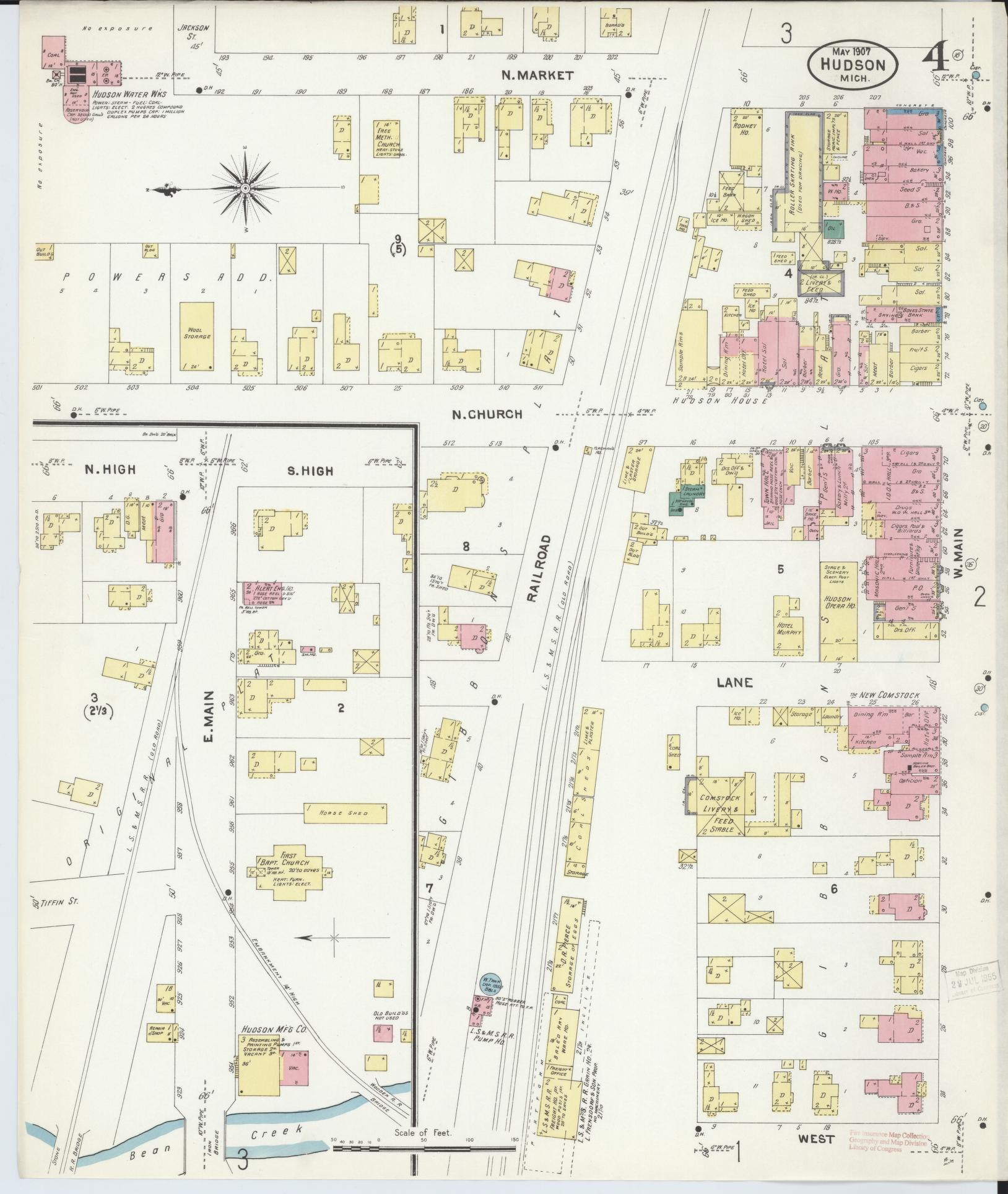 Sanborn Fire Insurance Map from Hudson, Lenawee County, Michigan (1907), Sheet #0004 - Complete Map Set gallery image, historic Sanborn map, vintage wall art, Michigan Michigan