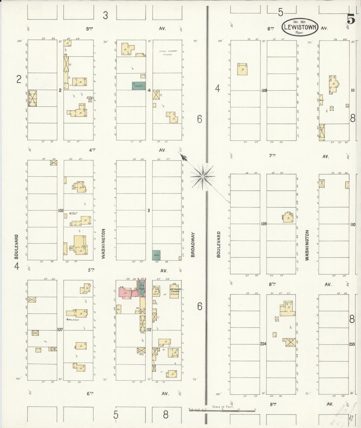 Sanborn Fire Insurance Map from Lewistown, Fergus County, Montana (1901), Sheet #0005 - Historic Sanborn Fire Insurance Map Print, vintage old map wall art, antique decor, genealogy gift, Montana Montana map