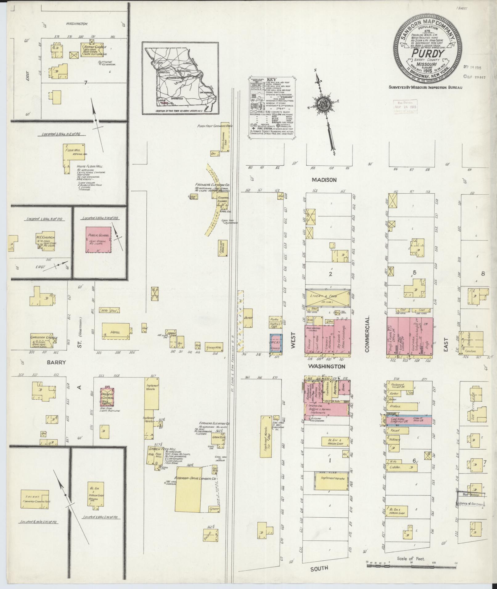 Sanborn Fire Insurance Map from Purdy, Barry County, Missouri (1915), Sheet #0001 - Historic Sanborn Fire Insurance Map Print, vintage old map wall art, antique decor, genealogy gift, Missouri Missouri map