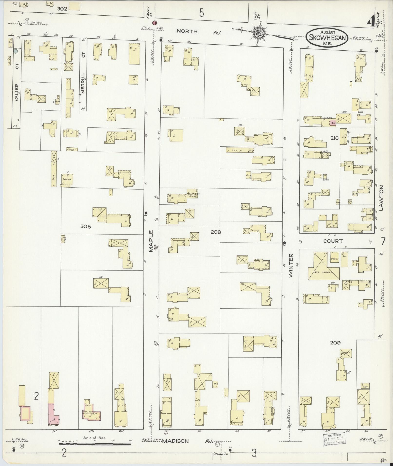 Sanborn Fire Insurance Map from Skowhegan, Somerset County, Maine (1914), Sheet #0004 - Historic Sanborn Fire Insurance Map Print, vintage old map wall art, antique decor, genealogy gift, Maine Maine map