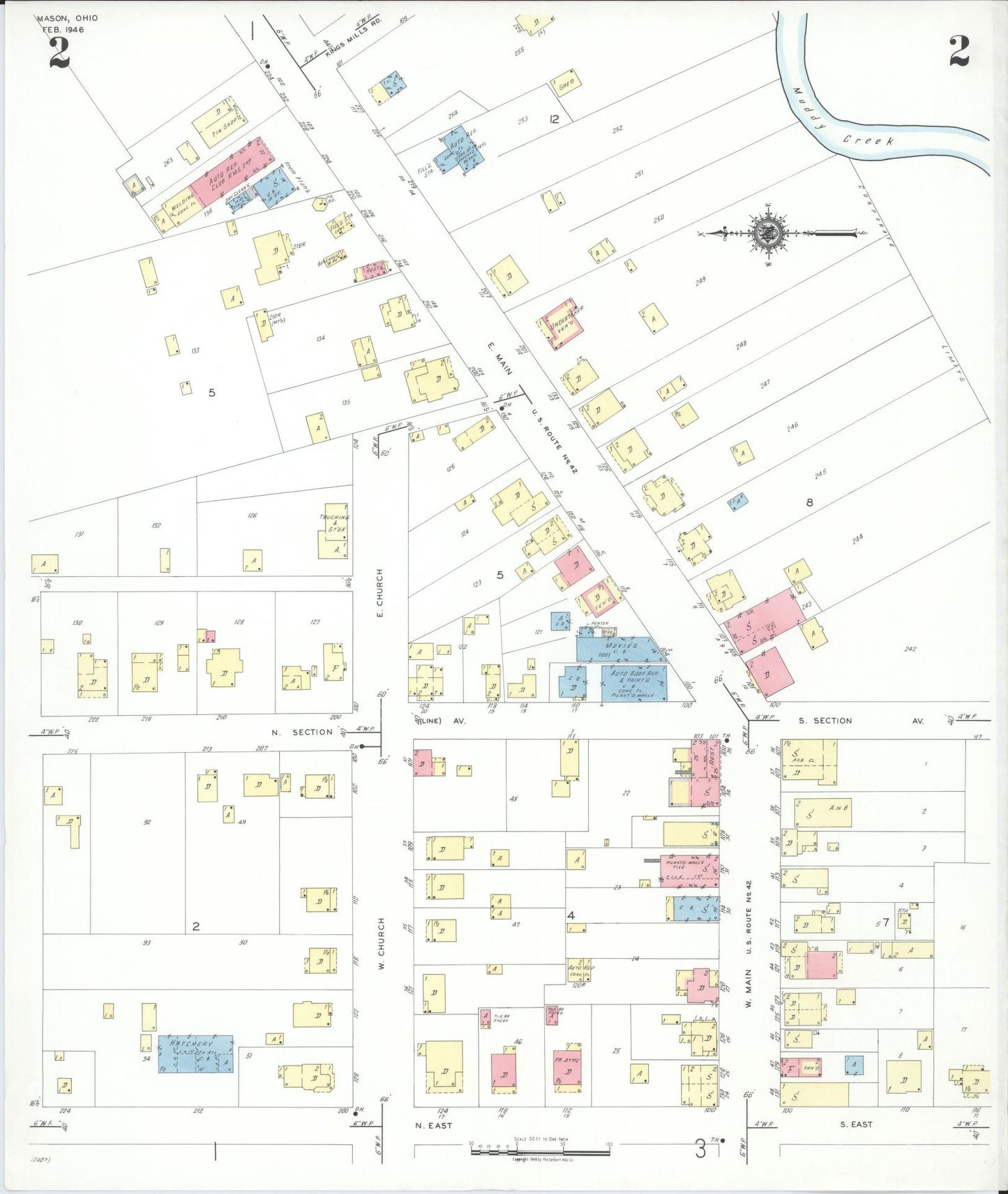 Sanborn Fire Insurance Map from Mason, Warren County, Ohio (1946), Sheet #0002 - Historic Sanborn Fire Insurance Map Print, vintage old map wall art, antique decor, genealogy gift, Ohio Ohio map
