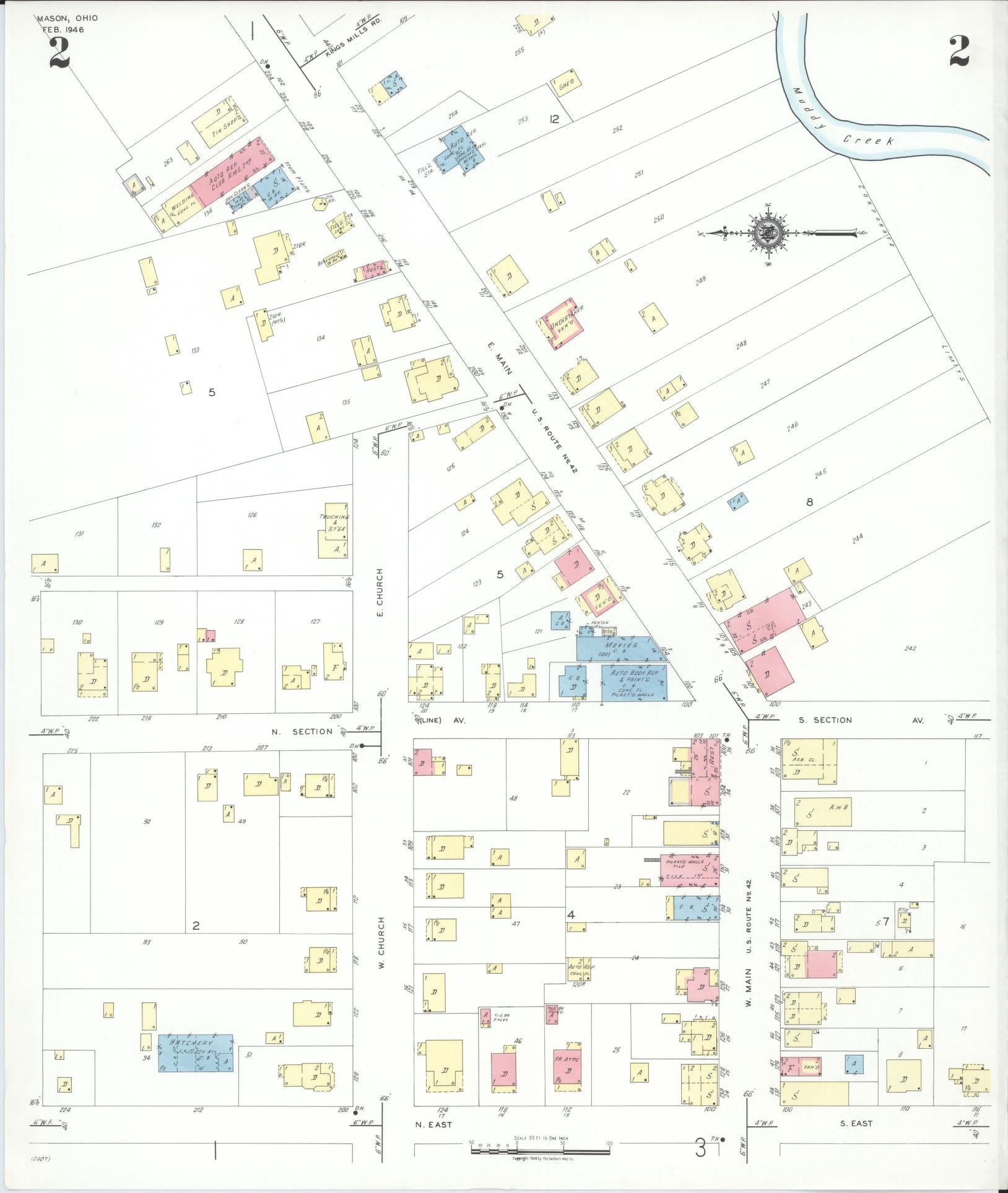 Sanborn Fire Insurance Map from Mason, Warren County, Ohio (1946), Sheet #0002 - Historic Sanborn Fire Insurance Map Print, vintage old map wall art, antique decor, genealogy gift, Ohio Ohio map