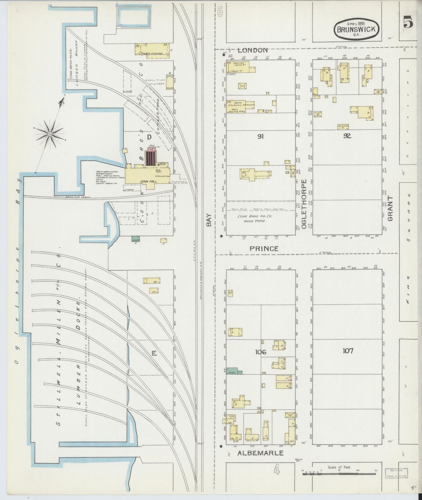 Sanborn Fire Insurance Map from Brunswick, Glynn County, Georgia (1893), Sheet #0005 - Historic Sanborn Fire Insurance Map Print, vintage old map wall art, antique decor, genealogy gift, Georgia Georgia map