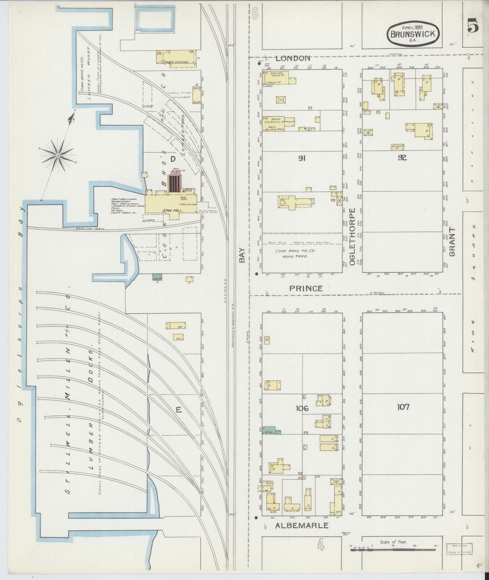 Sanborn Fire Insurance Map from Brunswick, Glynn County, Georgia (1893), Sheet #0005 - Historic Sanborn Fire Insurance Map Print, vintage old map wall art, antique decor, genealogy gift, Georgia Georgia map