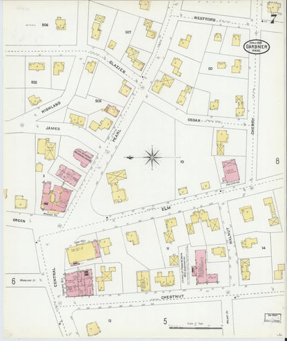 Sanborn Fire Insurance Map from Gardner, Worcester County, Massachusetts (1905), Sheet #0007 - Historic Sanborn Fire Insurance Map Print, vintage old map wall art, antique decor, genealogy gift, Massachusetts Massachusetts map