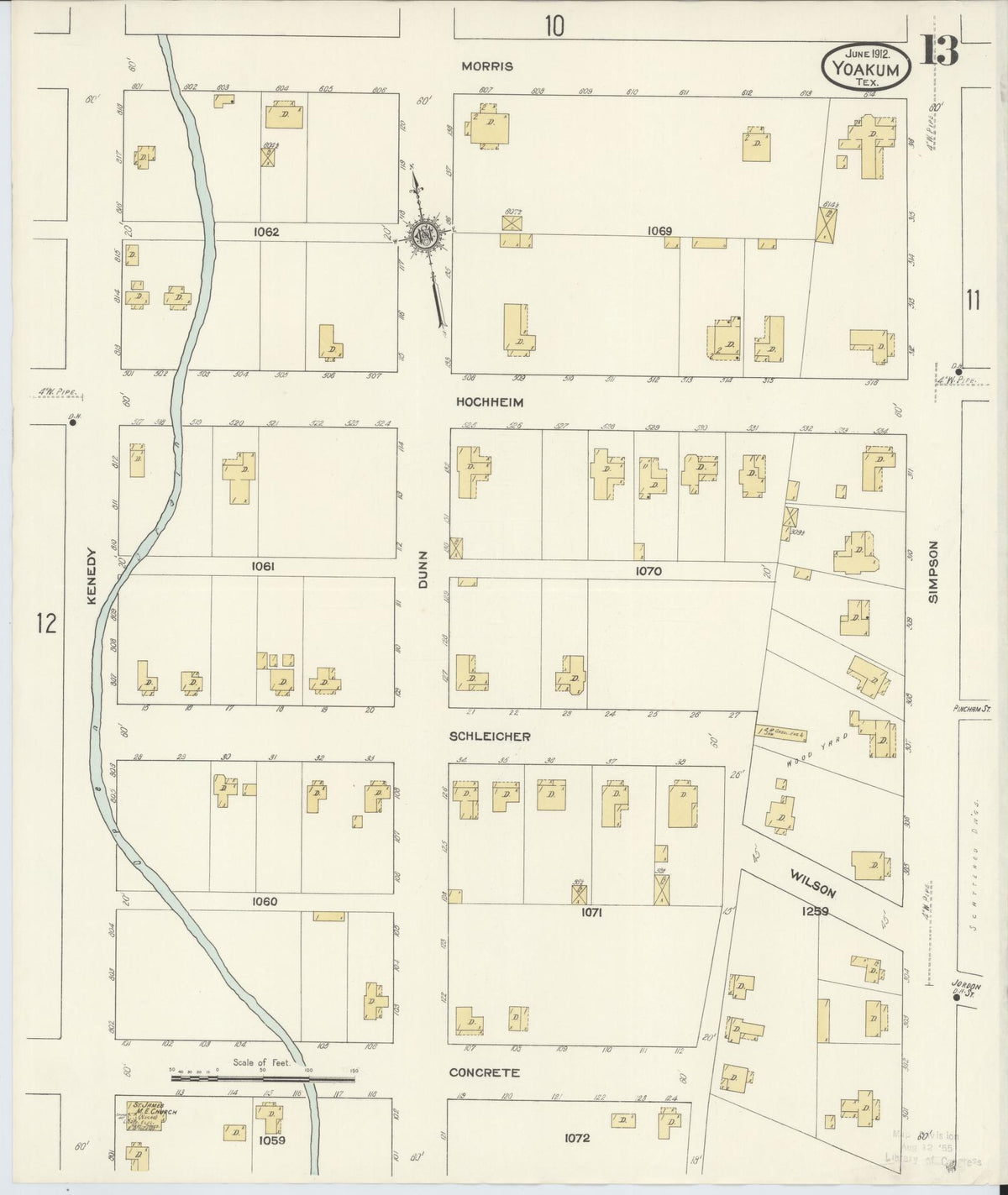 Sanborn Fire Insurance Map from Yoakum, De Witt And Lavaca Counties, Texas (1912), Sheet #0013 - Complete Map Set gallery image, historic Sanborn map, vintage wall art, Texas Texas