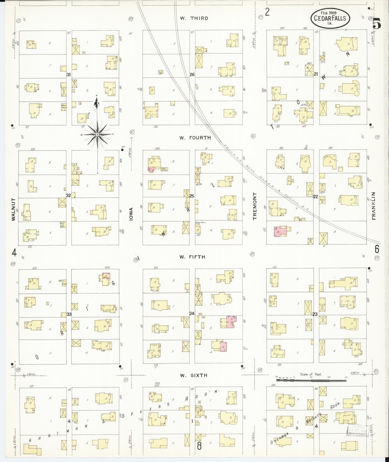 Sanborn Fire Insurance Map from Cedar Falls, Black Hawk County, Iowa (1909), Sheet #0005 - Historic Sanborn Fire Insurance Map Print, vintage old map wall art