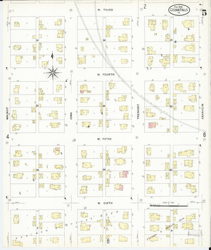 Sanborn Fire Insurance Map from Cedar Falls, Black Hawk County, Iowa (1909), Sheet #0005 - Historic Sanborn Fire Insurance Map Print, vintage old map wall art