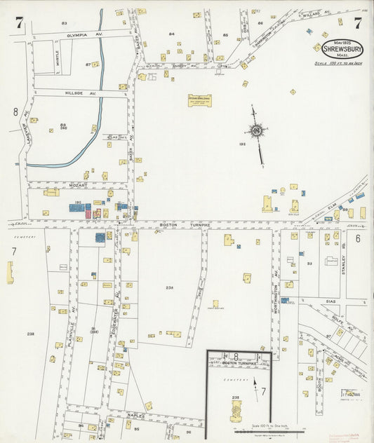 Sanborn Fire Insurance Map from Shrewsbury, Worcester County, Massachusetts (1925), Sheet #0007 - Historic Sanborn Fire Insurance Map Print, vintage old map wall art, antique decor, genealogy gift, Massachusetts Massachusetts map