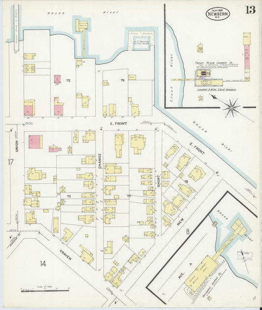 Sanborn Fire Insurance Map from New Bern, Craven County, North Carolina (1908), Sheet #0013 - Historic Sanborn Fire Insurance Map Print, vintage old map wall art, antique decor, genealogy gift, North Carolina North Carolina map