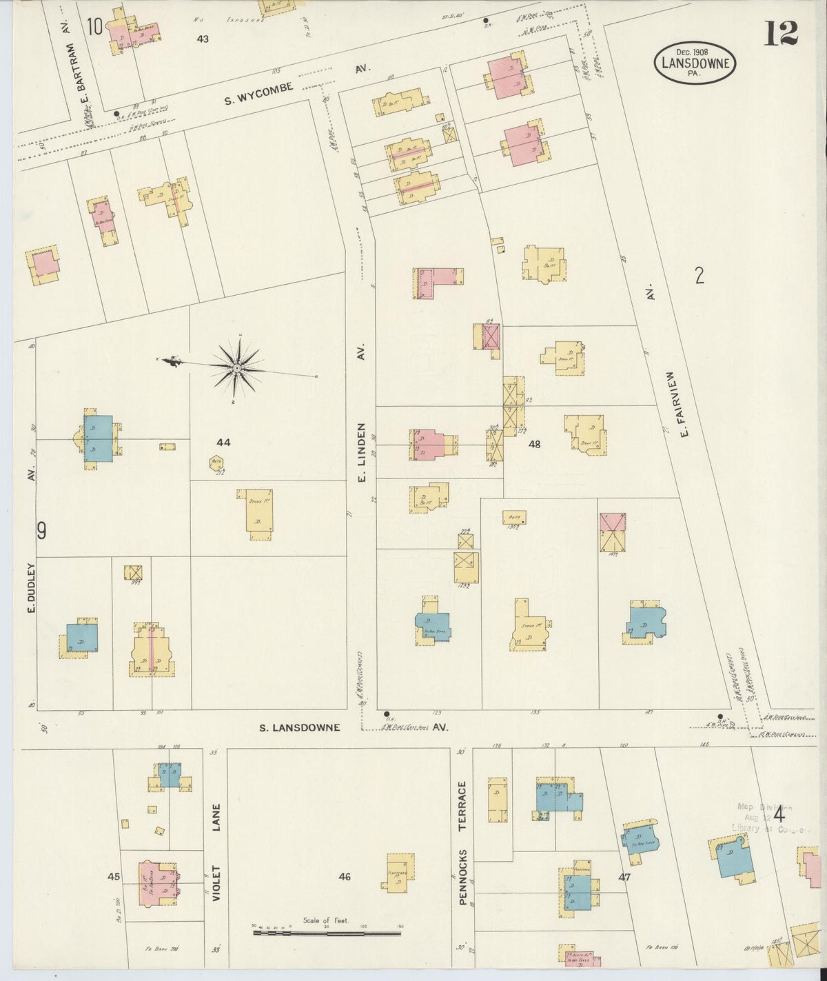 Sanborn Fire Insurance Map from Lansdowne, Delaware County, Pennsylvania (1908), Sheet #0012 - Historic Sanborn Fire Insurance Map Print, vintage old map wall art, antique decor, genealogy gift, Pennsylvania Pennsylvania map