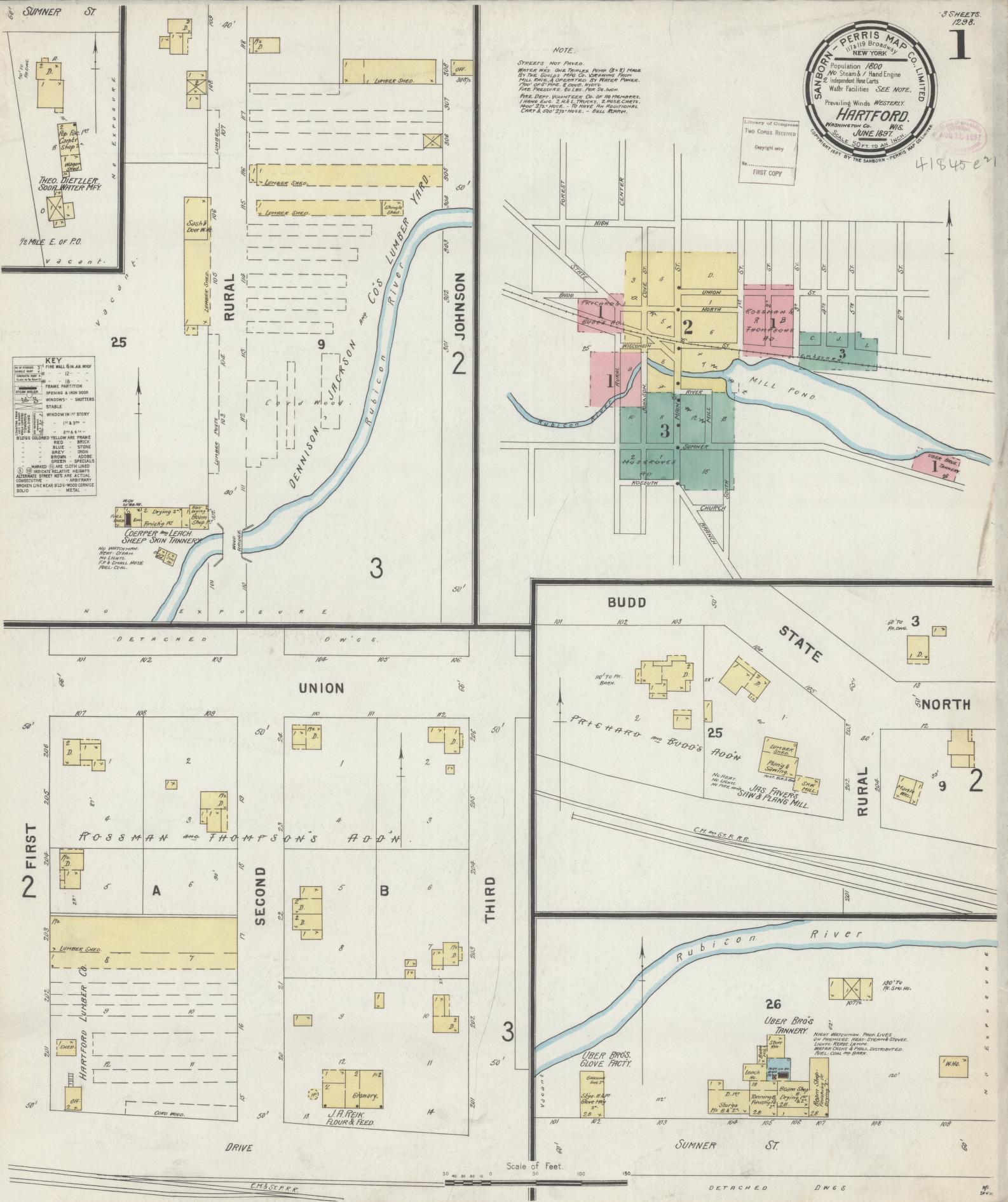 Sanborn Fire Insurance Map from Hartford, Washington County, Wisconsin (1897), Sheet #0001 - Historic Sanborn Fire Insurance Map Print, vintage old map wall art, antique decor, genealogy gift, Wisconsin Wisconsin map