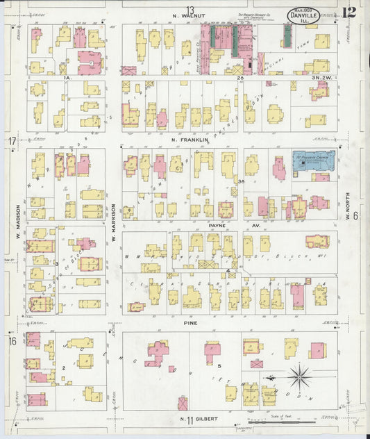 Sanborn Fire Insurance Map from Danville, Vermilion County, Illinois (1909), Sheet #0012 - Historic Sanborn Fire Insurance Map Print, vintage old map wall art, antique decor, genealogy gift, Illinois Illinois map