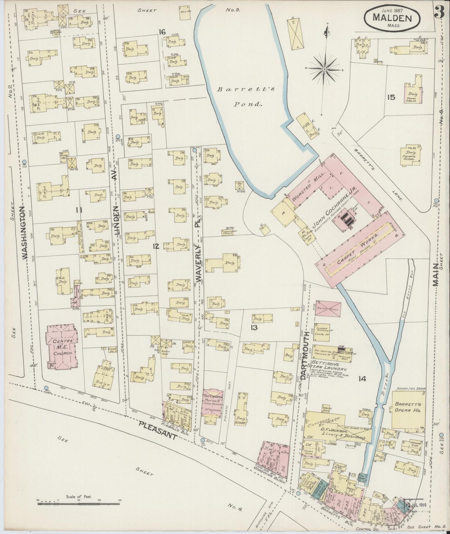 Sanborn Fire Insurance Map from Malden, Middlesex County, Massachusetts (1887), Sheet #0003 - Historic Sanborn Fire Insurance Map Print, vintage old map wall art, antique decor, genealogy gift, Massachusetts Massachusetts map
