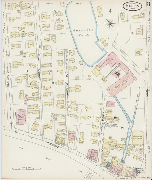 Sanborn Fire Insurance Map from Malden, Middlesex County, Massachusetts (1887), Sheet #0003 - Historic Sanborn Fire Insurance Map Print, vintage old map wall art, antique decor, genealogy gift, Massachusetts Massachusetts map