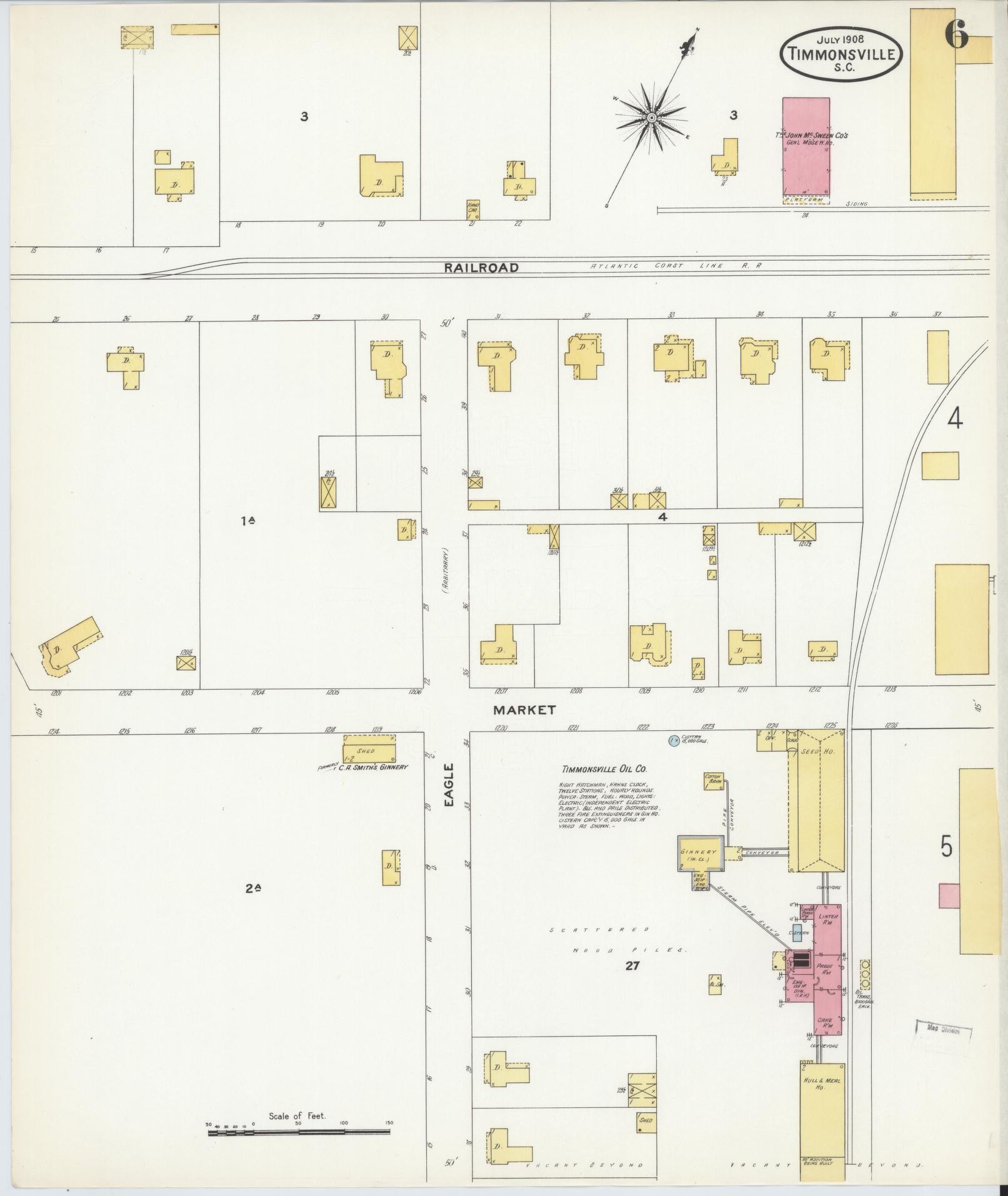 Sanborn Fire Insurance Map from Timmonsville, Florence County, South Carolina (1908), Sheet #0006 - Complete Map Set gallery image, historic Sanborn map, vintage wall art, South Carolina South Carolina