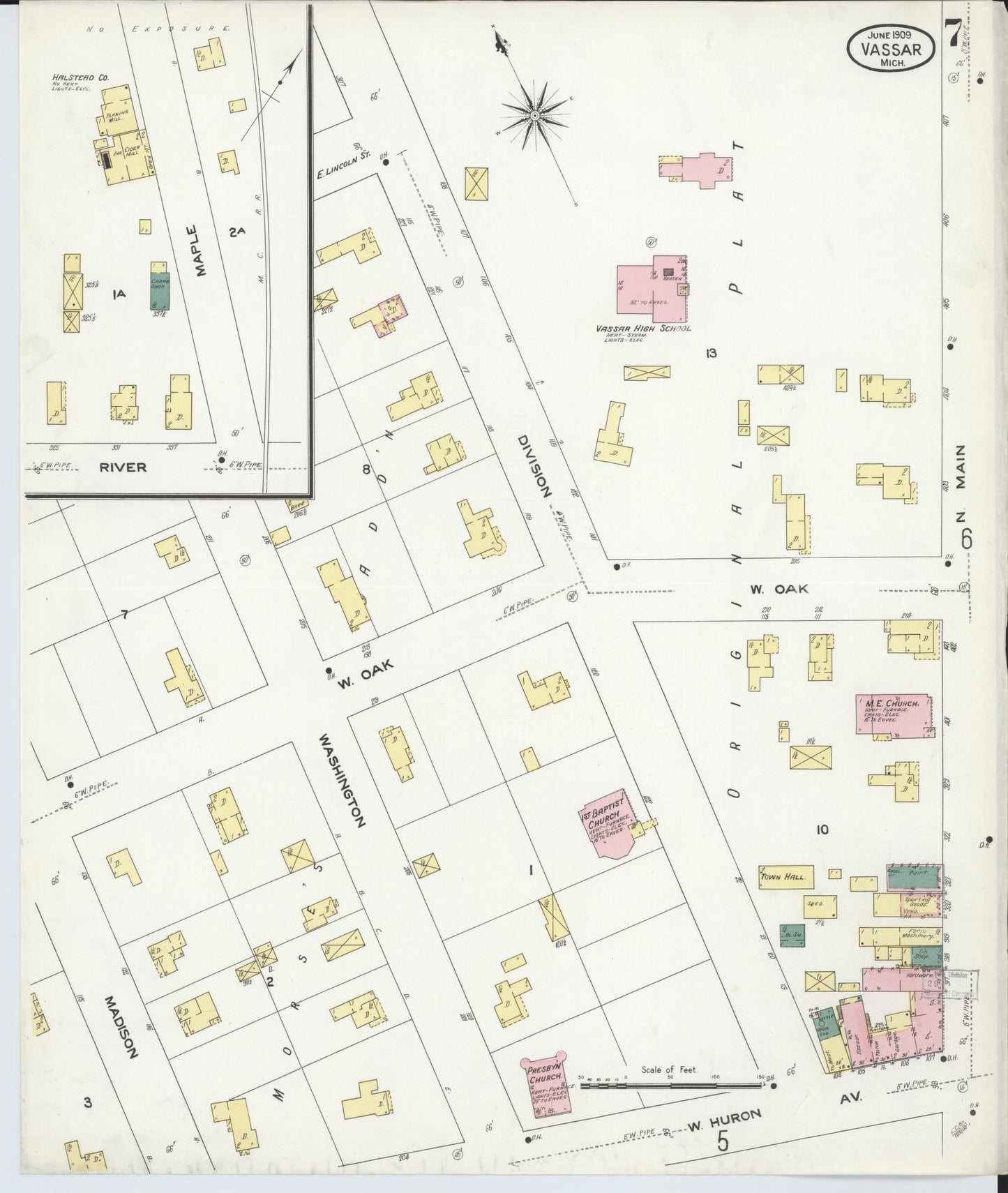 Sanborn Fire Insurance Map from Vassar, Tuscola County, Michigan (1909), Sheet #0007 - Historic Sanborn Fire Insurance Map Print, vintage old map wall art, antique decor, genealogy gift, Michigan Michigan map