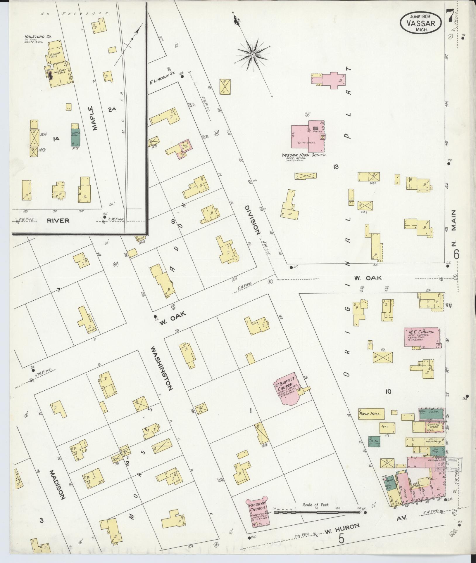 Sanborn Fire Insurance Map from Vassar, Tuscola County, Michigan (1909), Sheet #0007 - Historic Sanborn Fire Insurance Map Print, vintage old map wall art, antique decor, genealogy gift, Michigan Michigan map