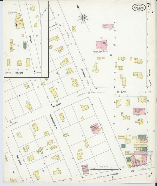 Sanborn Fire Insurance Map from Vassar, Tuscola County, Michigan (1909), Sheet #0007 - Historic Sanborn Fire Insurance Map Print, vintage old map wall art, antique decor, genealogy gift, Michigan Michigan map