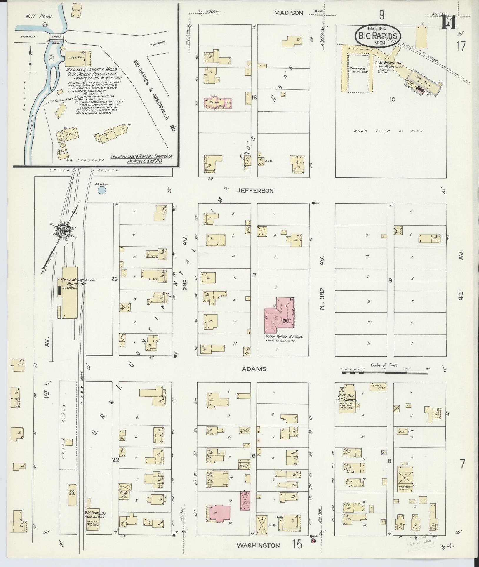 Sanborn Fire Insurance Map from Big Rapids, Mecosta County, Michigan (1914), Sheet #0014 - Historic Sanborn Fire Insurance Map Print, vintage old map wall art, antique decor, genealogy gift, Michigan Michigan map