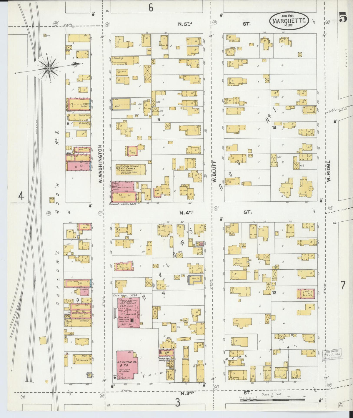 Sanborn Fire Insurance Map from Marquette, Marquette County, Michigan (1904), Sheet #0005 - Historic Sanborn Fire Insurance Map Print, vintage old map wall art, antique decor, genealogy gift, Michigan Michigan map
