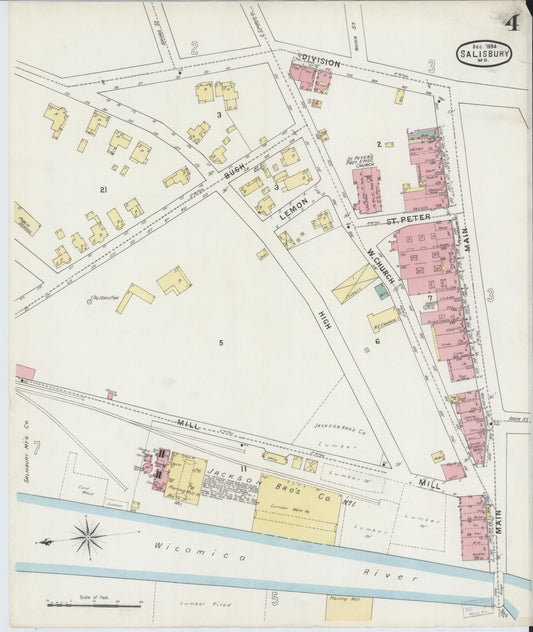 Sanborn Fire Insurance Map from Salisbury, Wicomico County, Maryland (1894), Sheet #0004 - Historic Sanborn Fire Insurance Map Print, vintage old map wall art